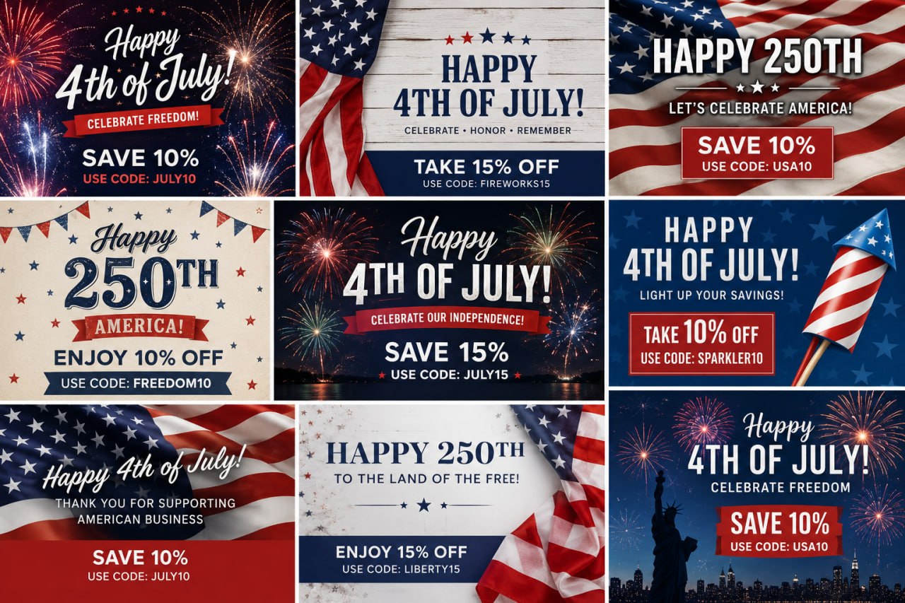 Collection of patriotic 4th of July promotional banners in red, white, and blue