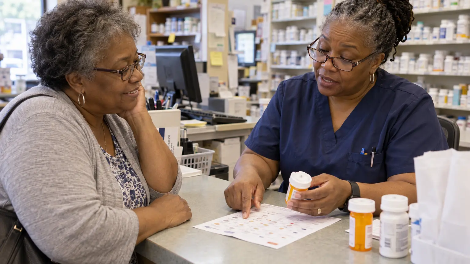 Independent pharmacist helping a customer understand how a prescription fits into her daily life
