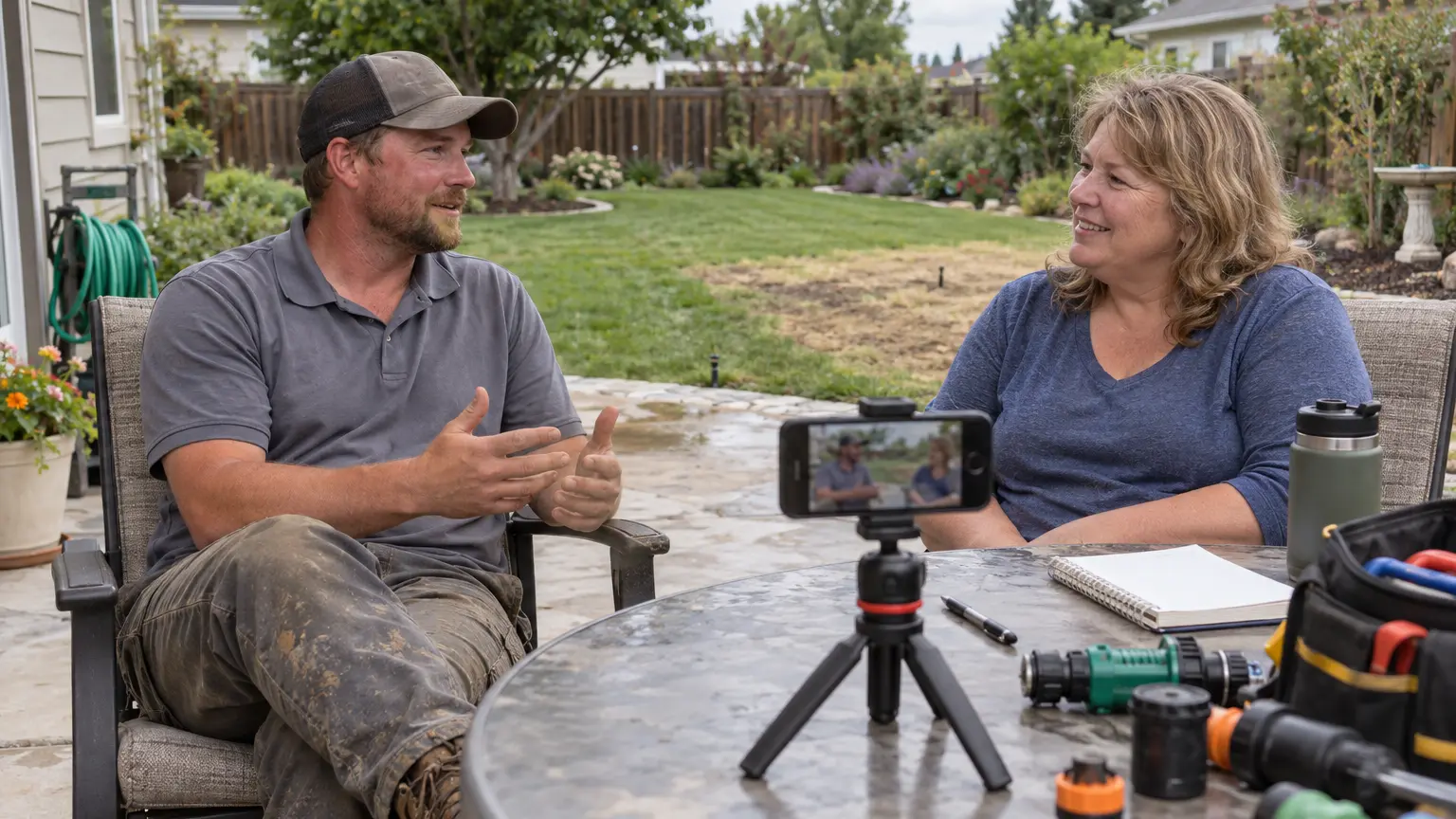 Irrigation contractor interviewing a customer about the results of a completed project