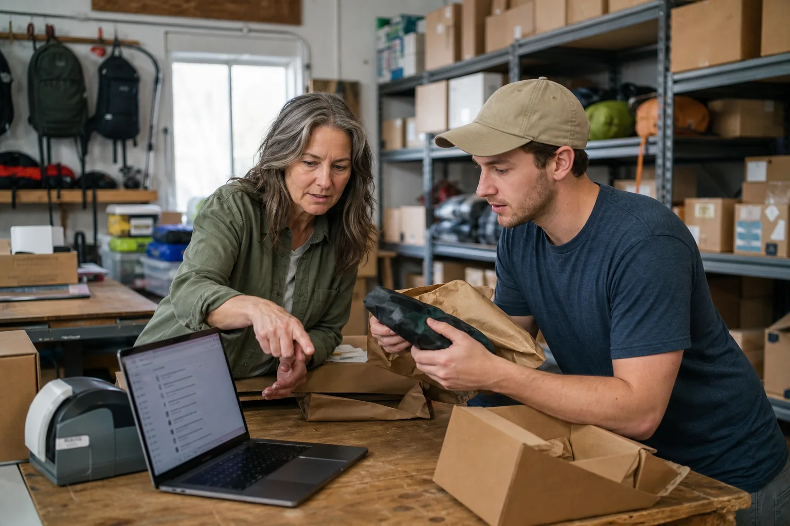Owners of an independent online retailer studying customer search questions while packing orders