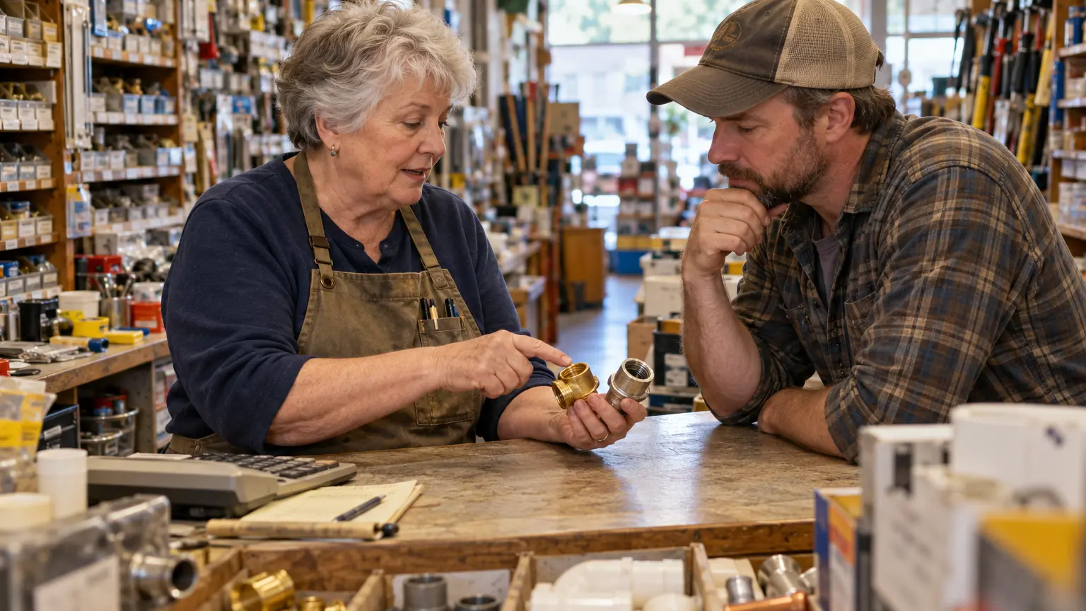 Independent hardware store owner helping a customer choose the right part for a home repair
