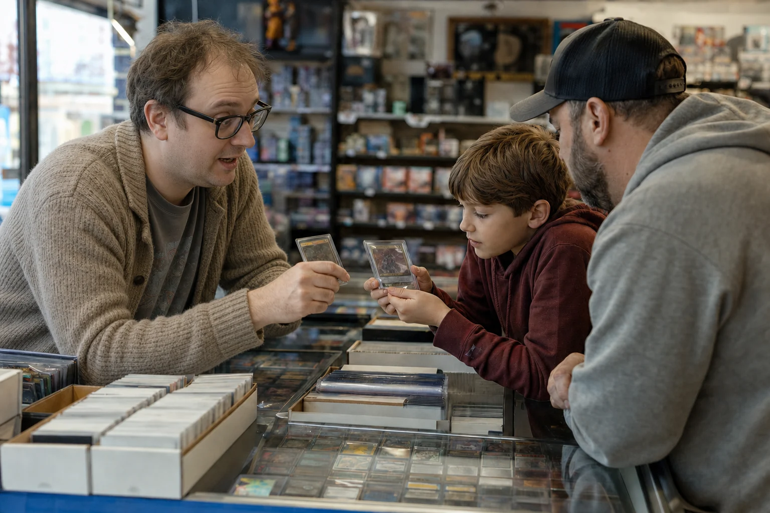 Enthusiastic trading-card shop owner helping a parent and child compare collectible cards