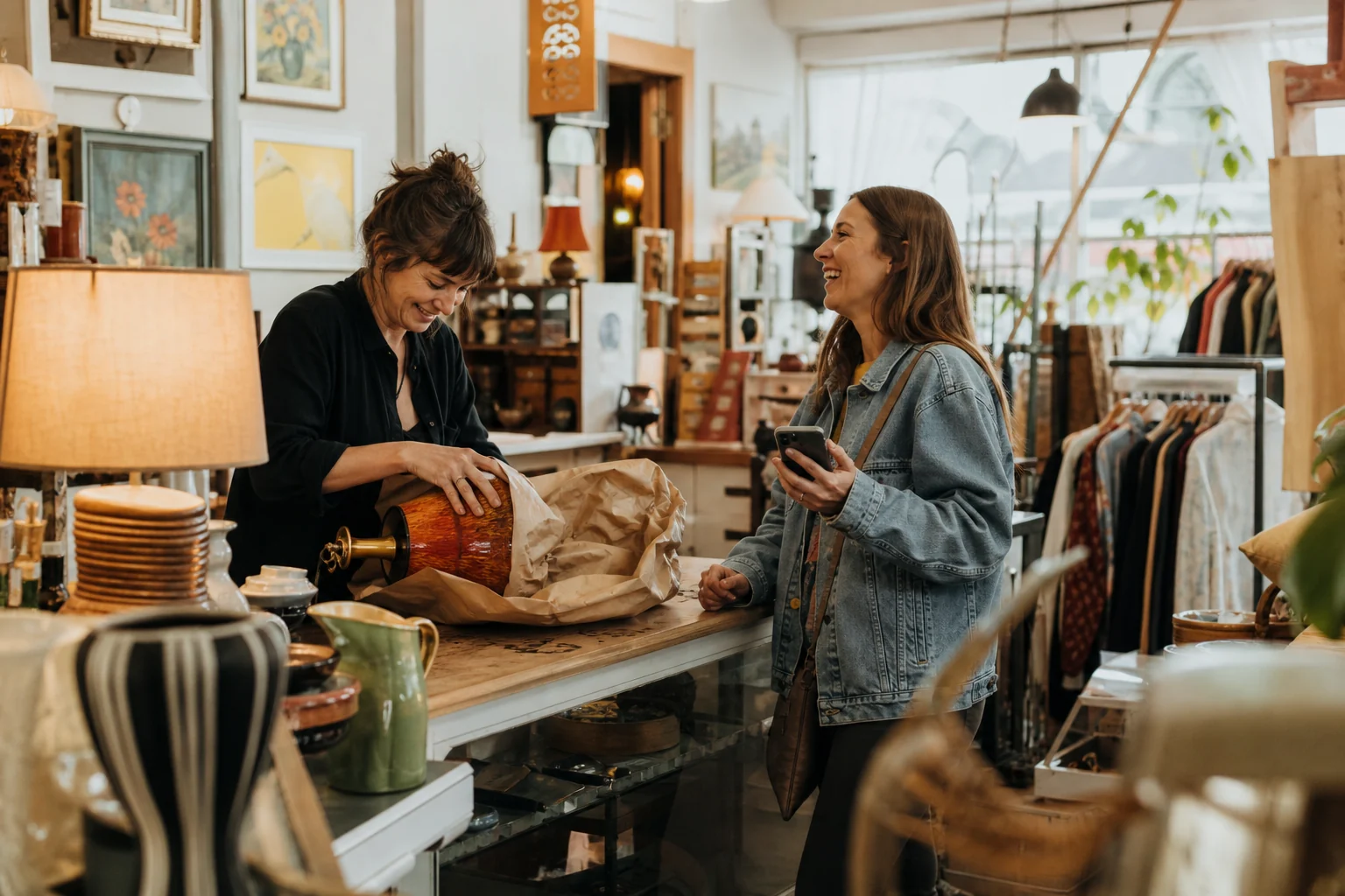 Consignment shop owner wrapping a vintage lamp while laughing naturally with a happy customer