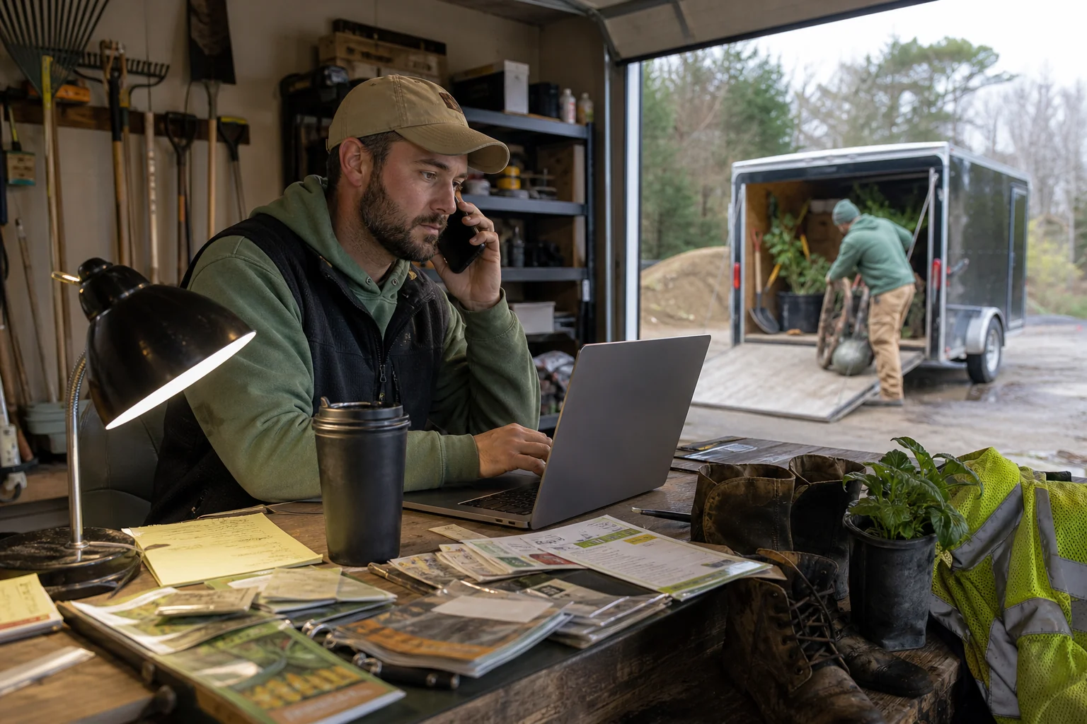 Landscaping company owner answering customer questions from a working desk while a crew loads plants outside