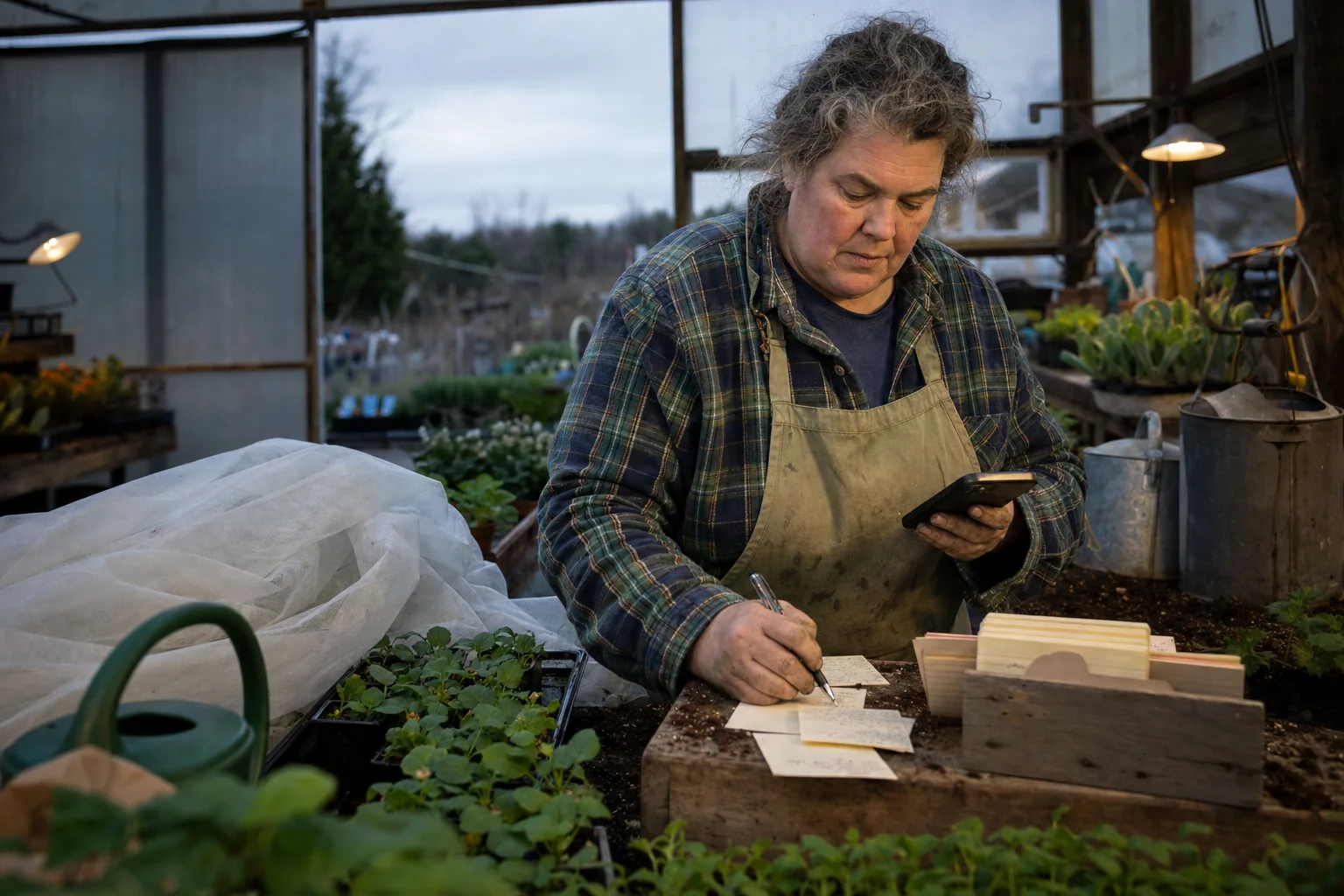 Garden-center owner preparing a timely frost reminder for customers