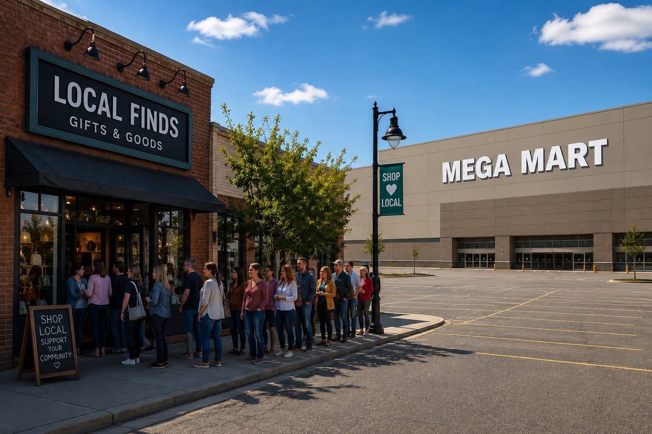 Crowded local small business storefront next to an empty big-box Mega Mart parking lot