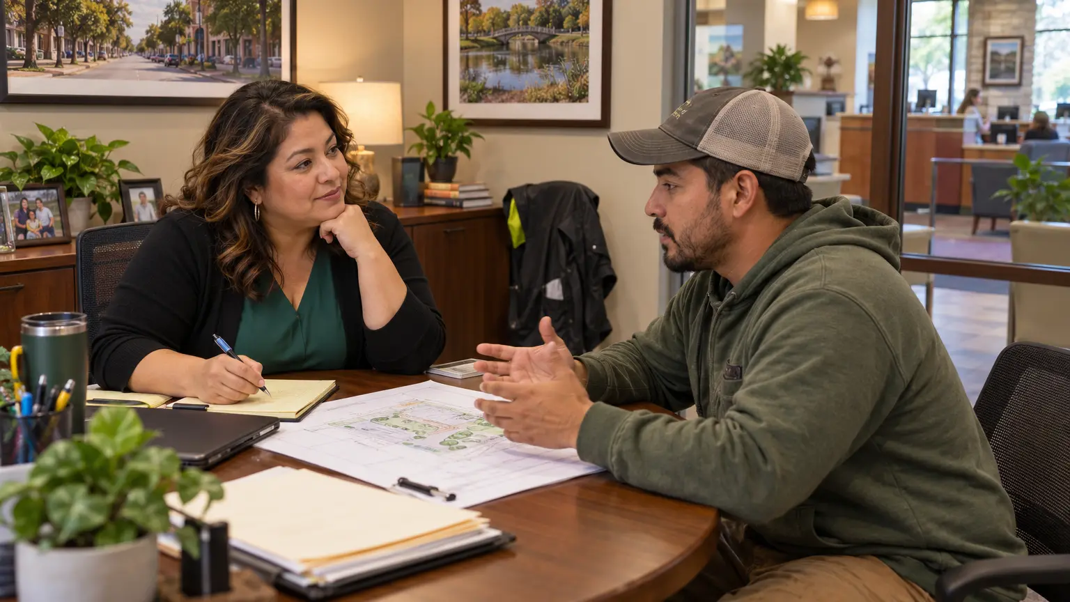 Community bank team helping local business owners in a practical neighborhood office