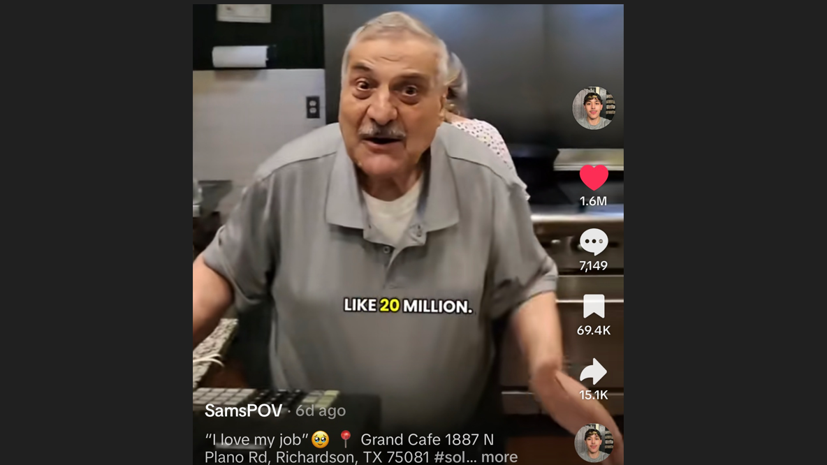 TikTok creator Sam POV showing a cafe owner with text 'Like 20 Million'
