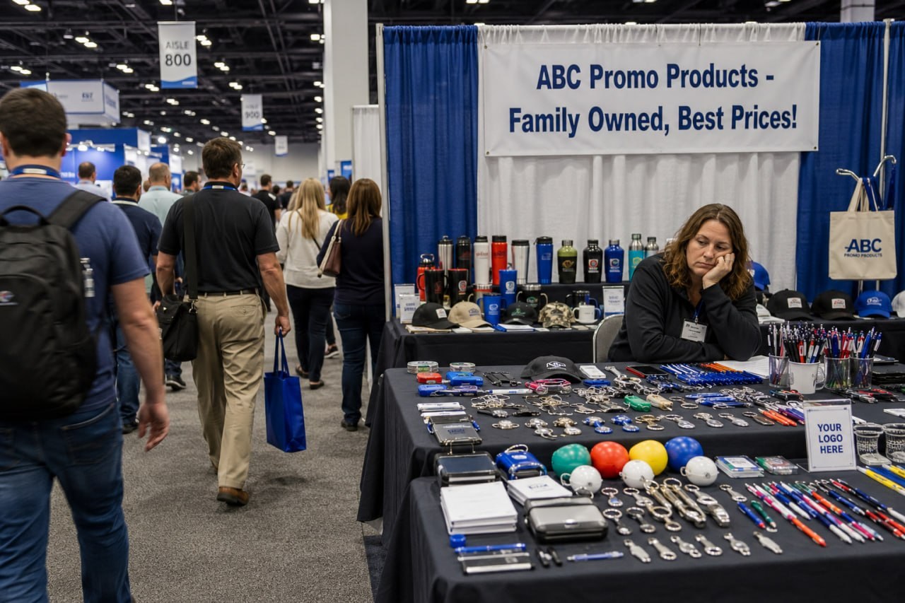 Trade show booth for ABC Promo Products with a sign reading Family Owned Best Prices and a vendor looking bored as attendees walk by