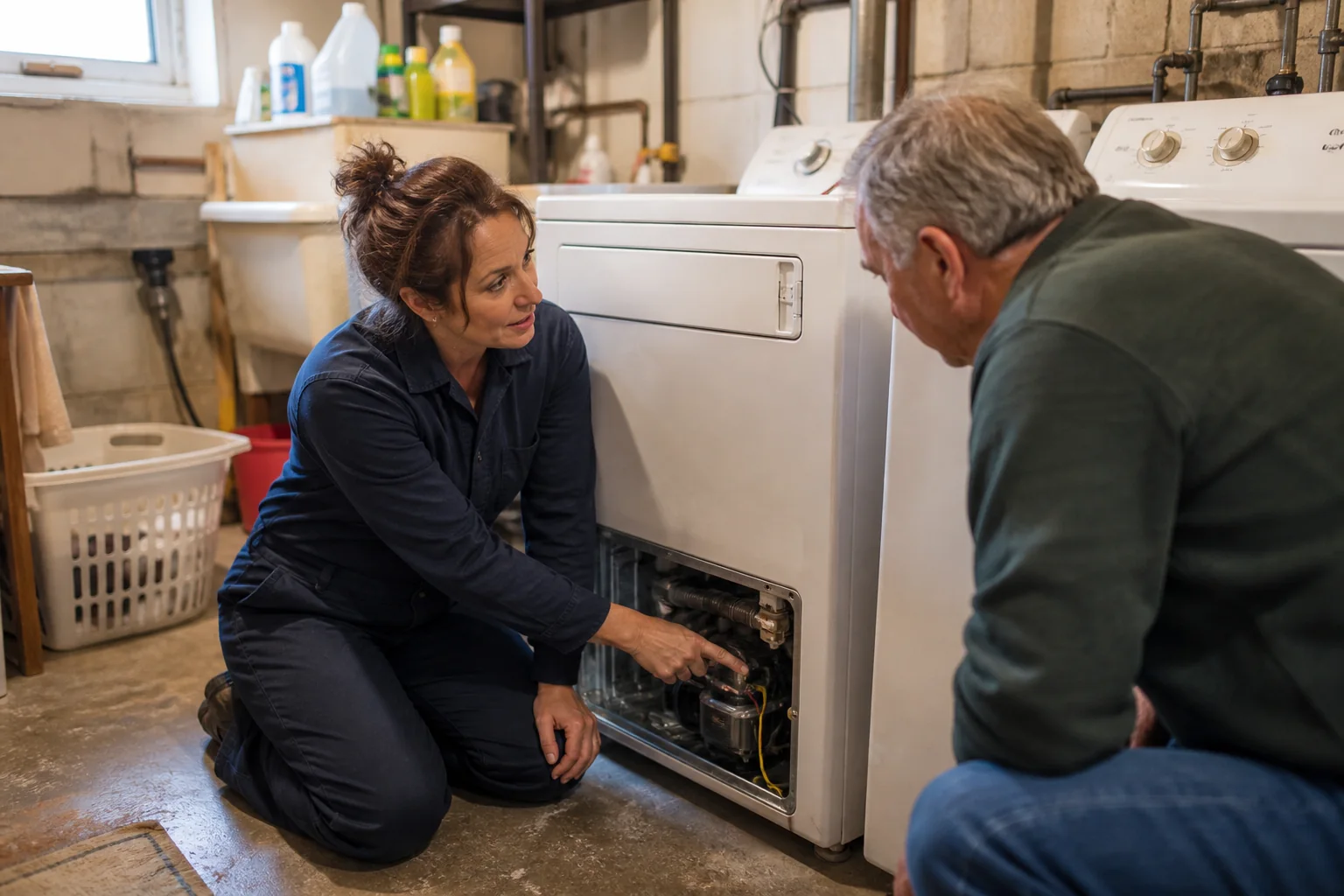 Independent appliance repair technician explaining a completed washing-machine repair to a homeowner