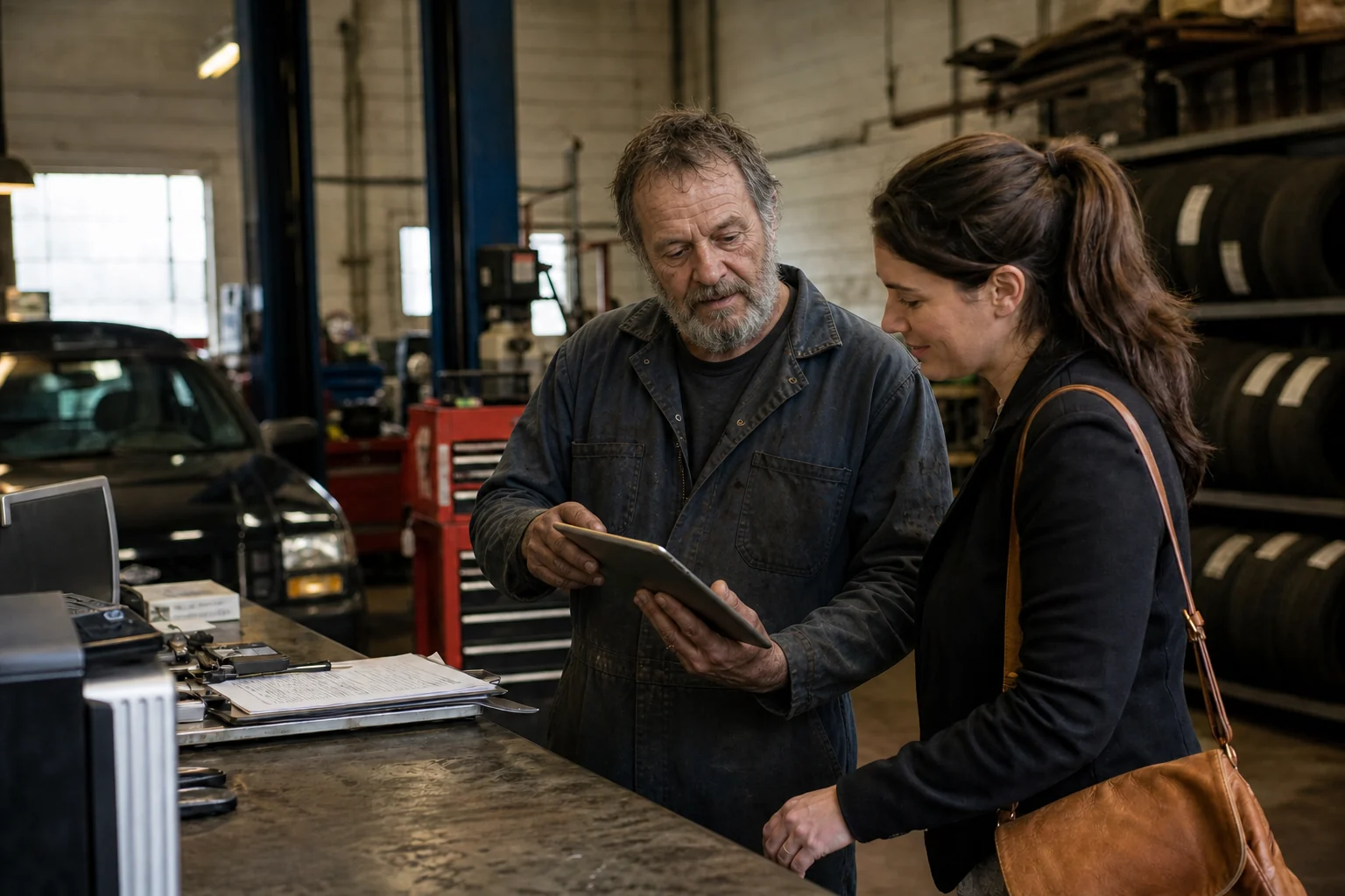 Experienced auto mechanic explaining an estimate to a customer at the counter of a real repair shop