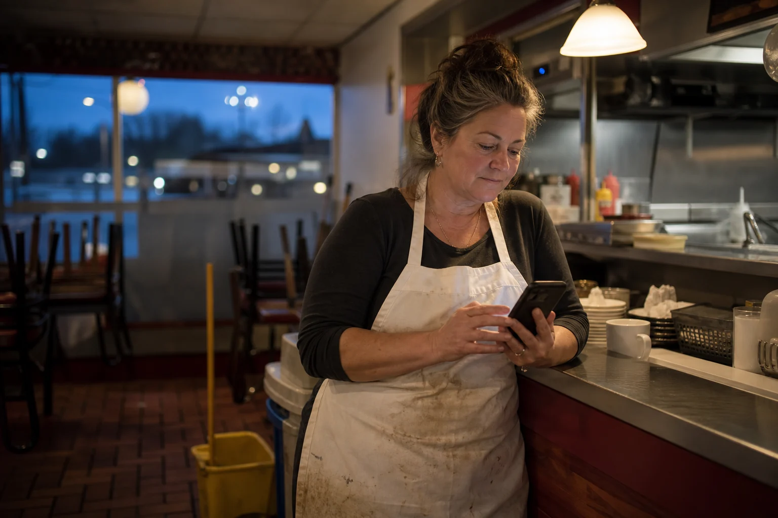 Neighborhood diner owner thoughtfully responding to an online review after closing