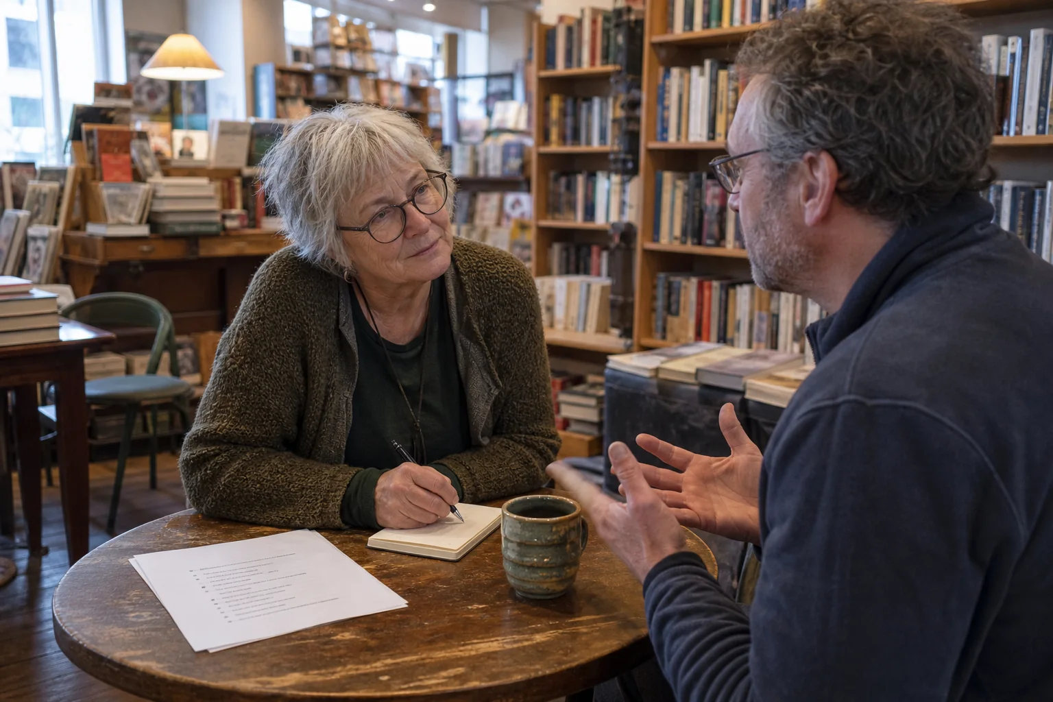 Independent bookstore owner interviewing a customer at a small table