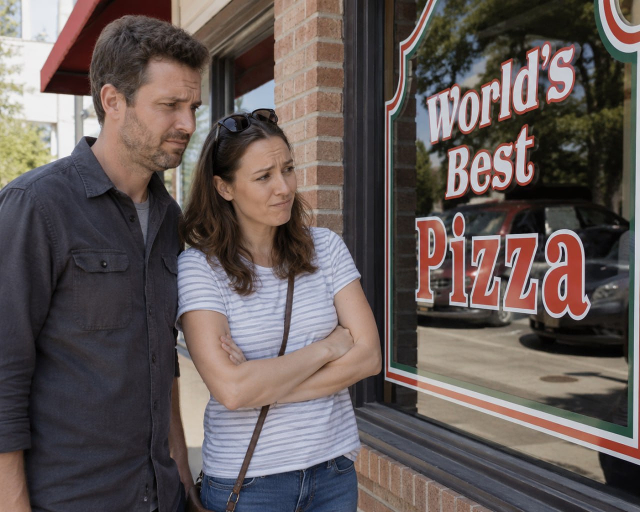 Two people looking skeptically at a World's Best Pizza sign