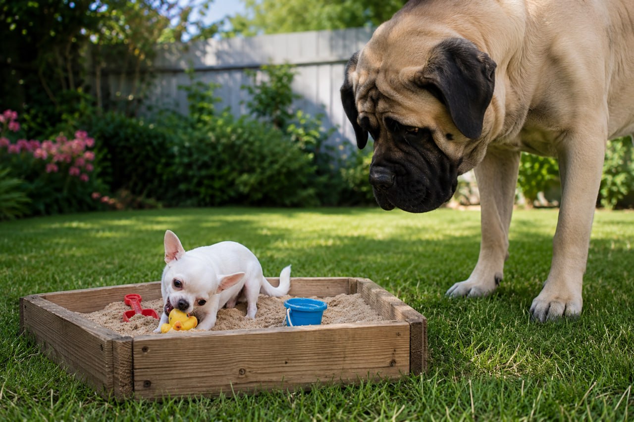 A small chihuahua plays in a sandbox while a large mastiff watches