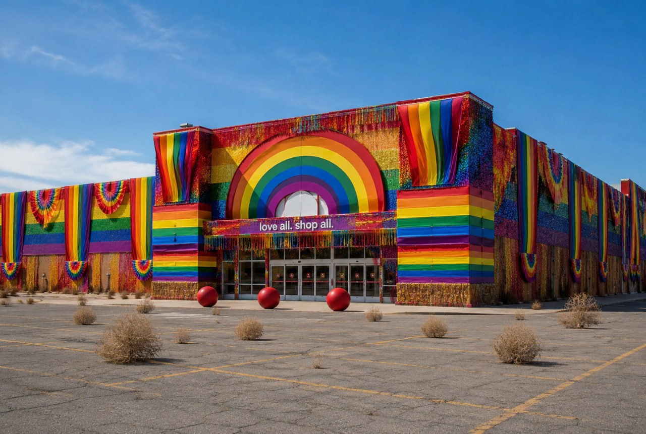 Over-decorated store exterior with rainbow Pride decorations and tumbleweeds