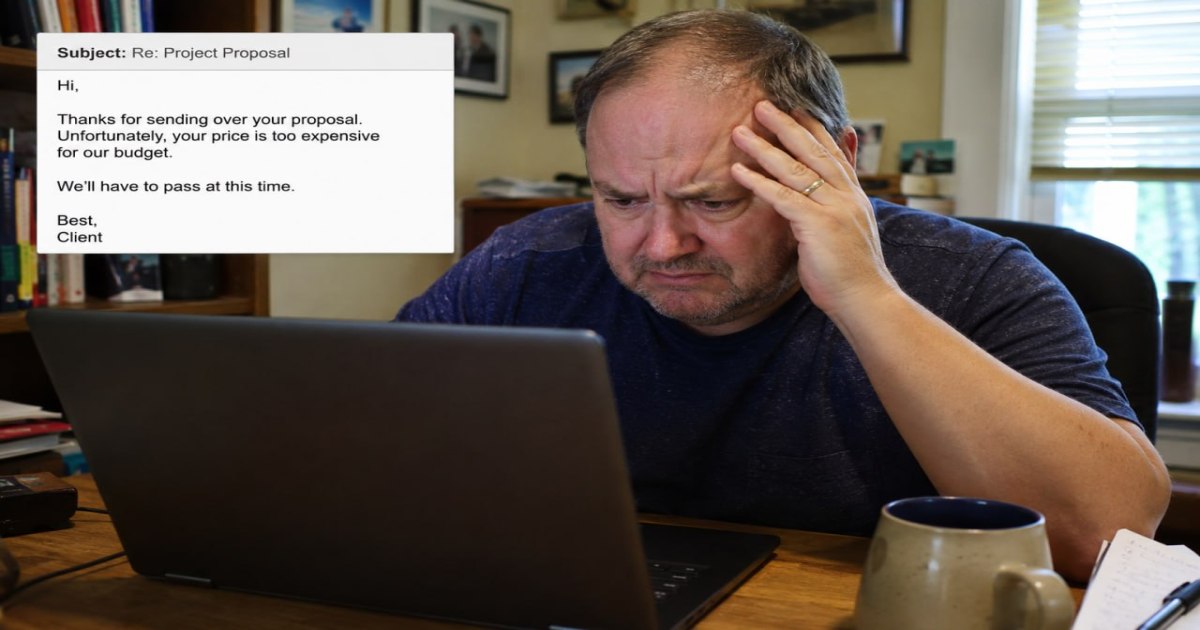 A business owner stares at his laptop reading a rejection email saying his price is too expensive