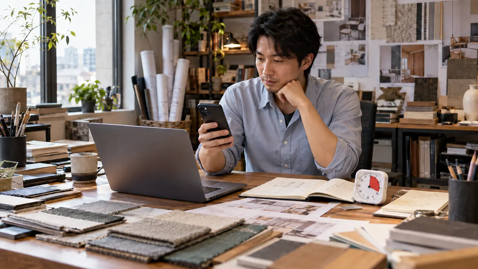 Commercial interior designer planning useful social media content in a real small office