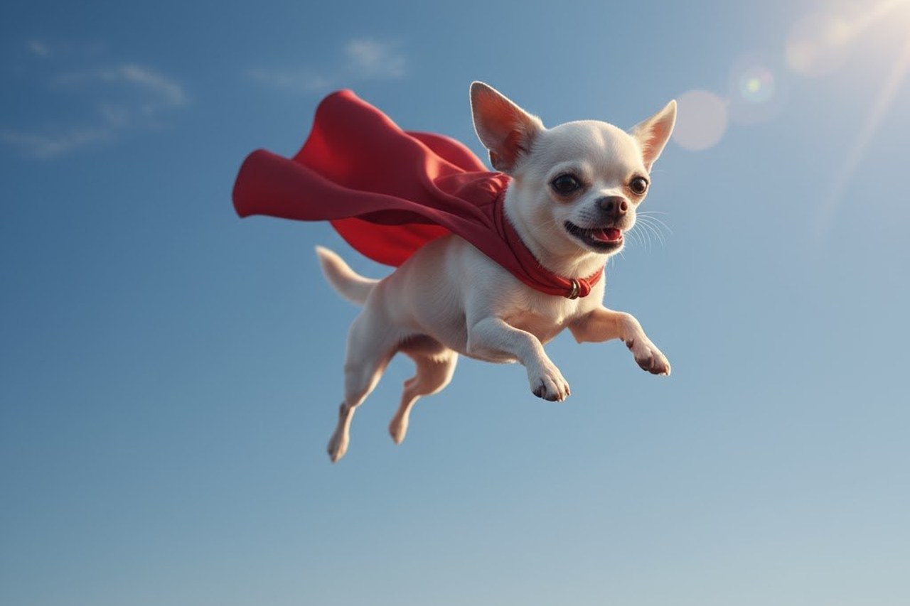 Small chihuahua wearing a red cape flying heroically against a blue sky