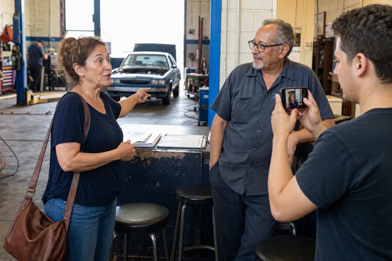 Auto-shop customer naturally recording a testimonial after a repair