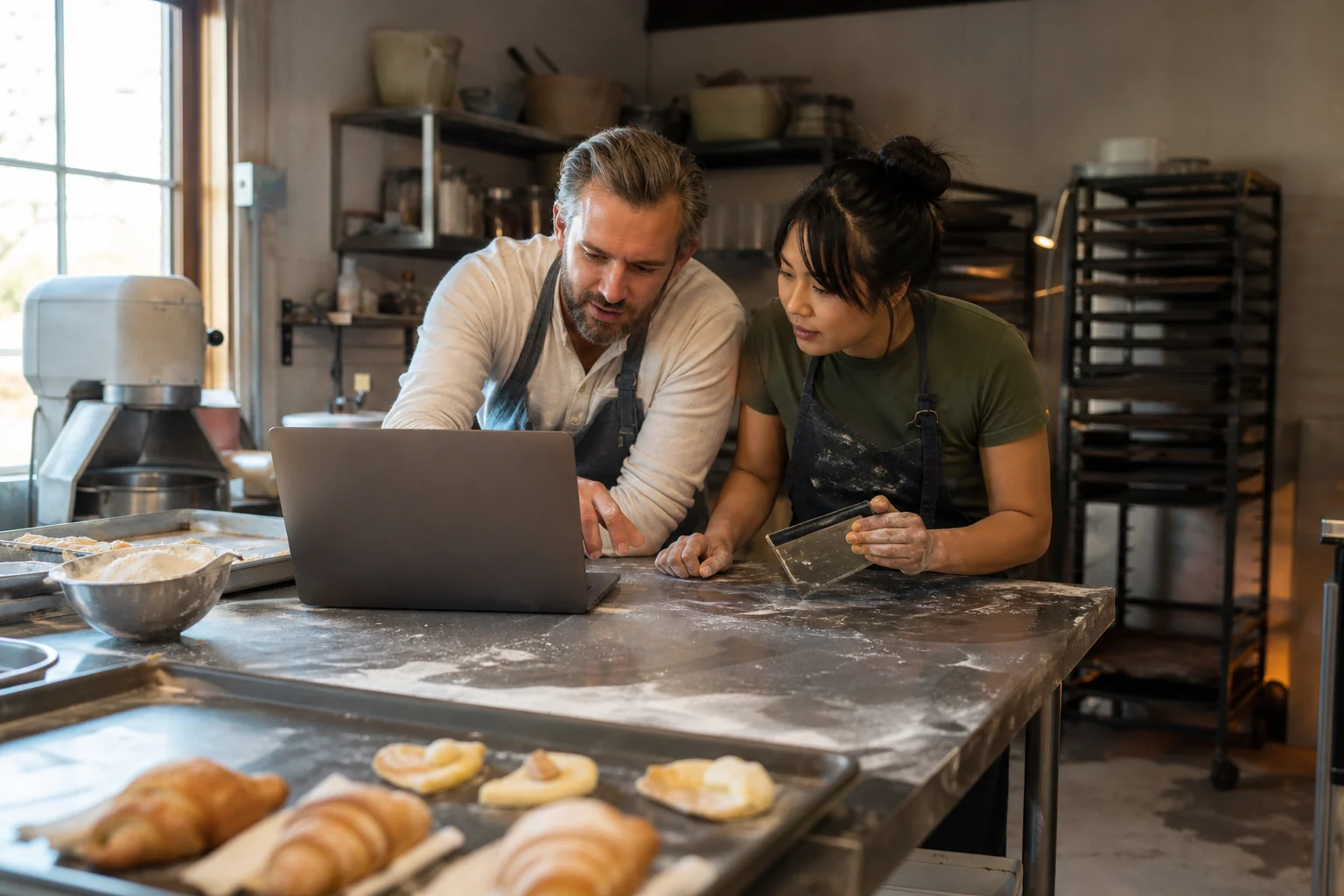 Independent bakery owner and employee reviewing their website together during morning prep