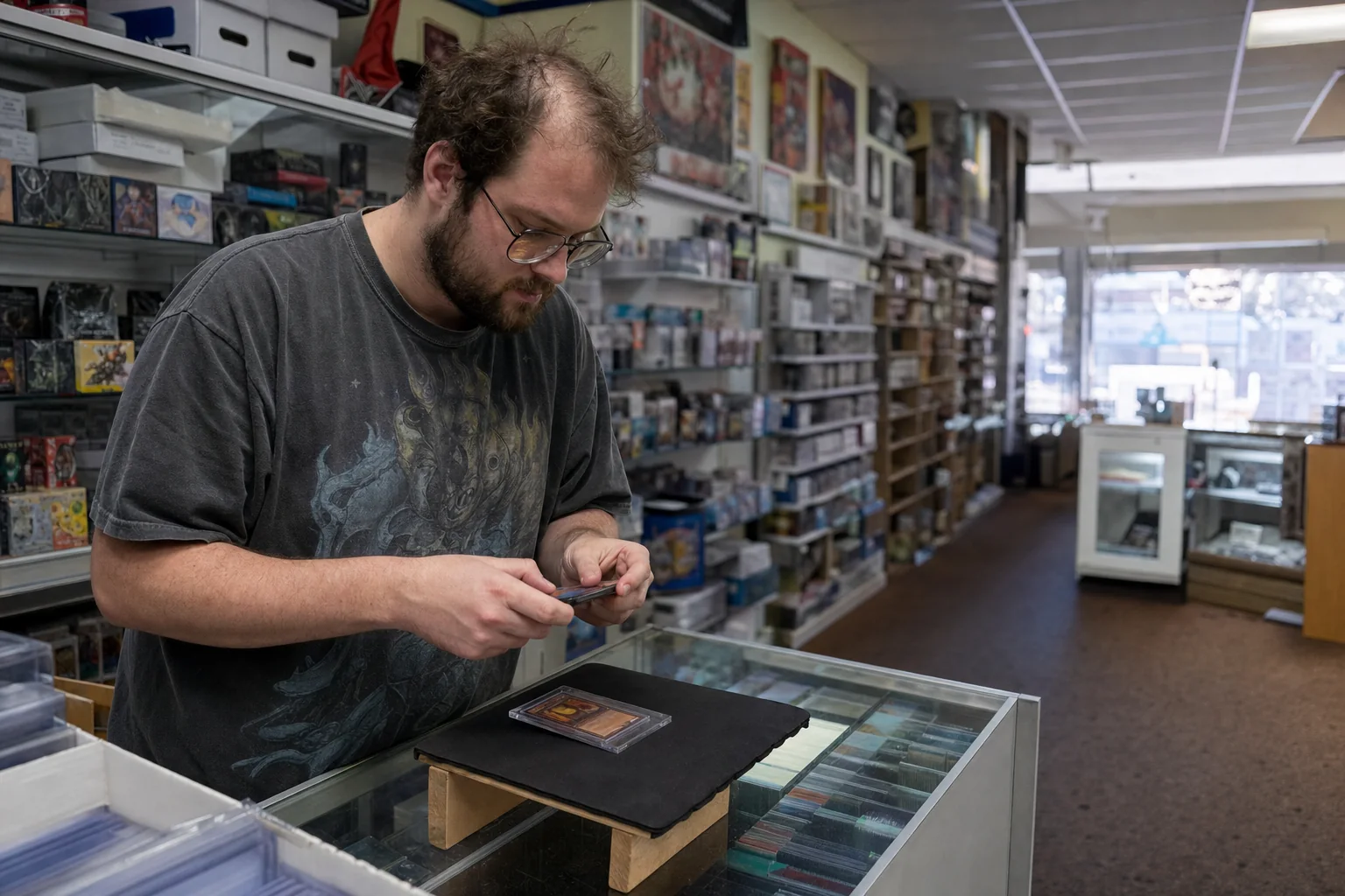 Independent trading-card shop owner photographing a collectible card for social media in a quiet store