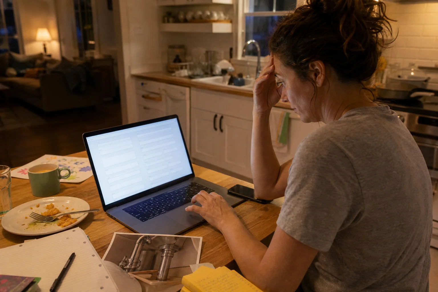 Busy homeowner hesitating over a long service inquiry form on a laptop after dinner