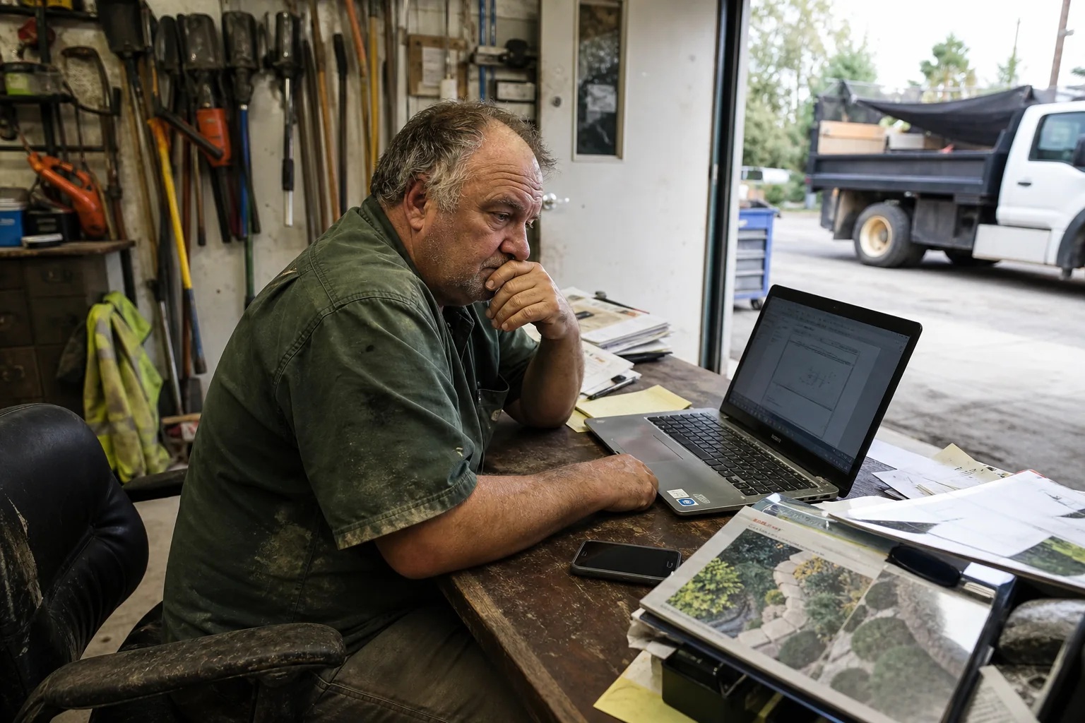 Weathered landscaping company owner reviewing an unanswered customer estimate after a long workday