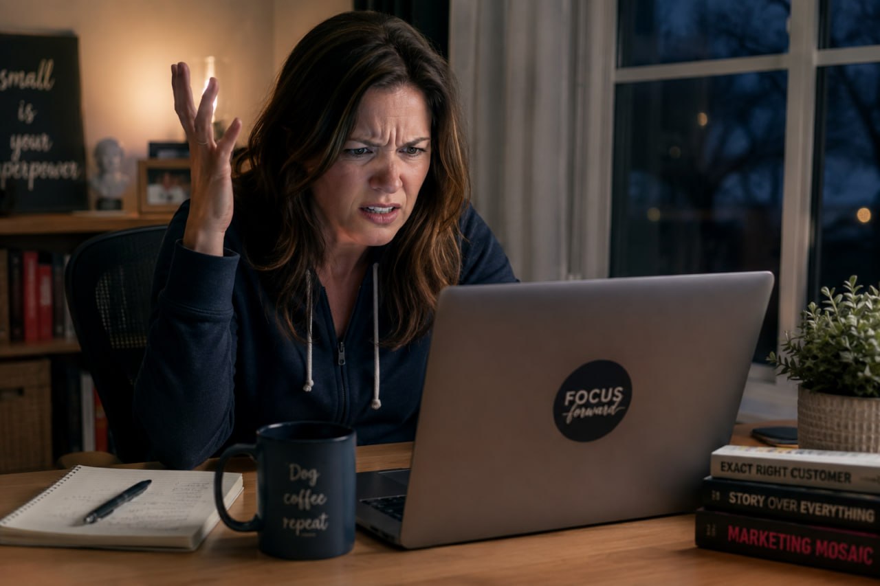 Woman looking frustrated at laptop while trying to navigate a confusing small business website